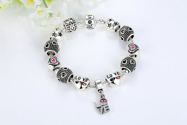 20 cm Length silver plated copper alloy love bracelet Silver Tone Chain Pink color Love Heart Bead alloy Charm Bracelet