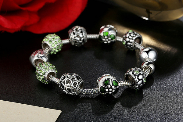 925 silver plated copper alloy love bracelet Silver Tone Chain Pink Green Blue White Crystal Love Heart Bead Glass Charm Bracelet