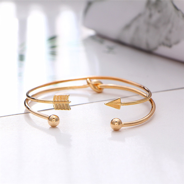 2PCS/LOT Vintage Cuff Bracelets Bangles for Women Brief Gold Color Open Arrow Knotted Charms Bracelet Jewelry Valentines Gift YMF095