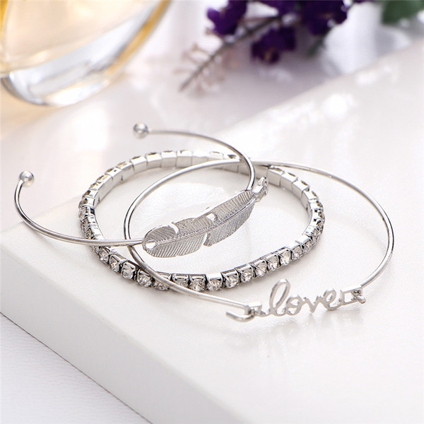 3Pcs/Lot Fashion Trendy Silver Color Cubic Zirconia Bracelets for Women Love Feather Bracelet Bangle Jewelry YMF096