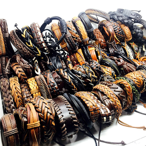 wholesale 100pcs/lot mix styles handmade black/brown men's vintage Genuine Leather surfer jewelry cuff bracelets