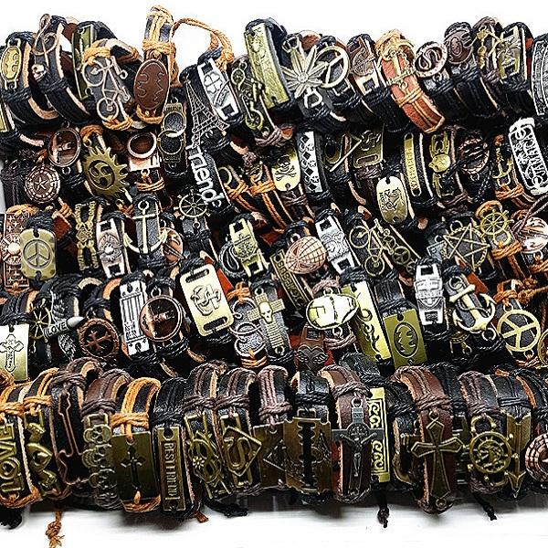 wholesale bulk lots assorted top handmade metal leather cuff bracelets for men women biker fashion jewelry brand new Black/Brown