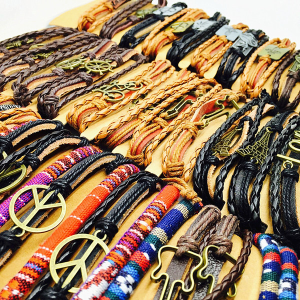 wholesale lots 24pcs mix styles Surfer mens womens fashion metal leather Hand Made cuff Jewelry Bracelets