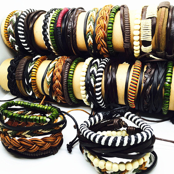 wholesale 12 set (4 in 1) top mix lot mens womens handmade wooden leather cuff bracelets brand new