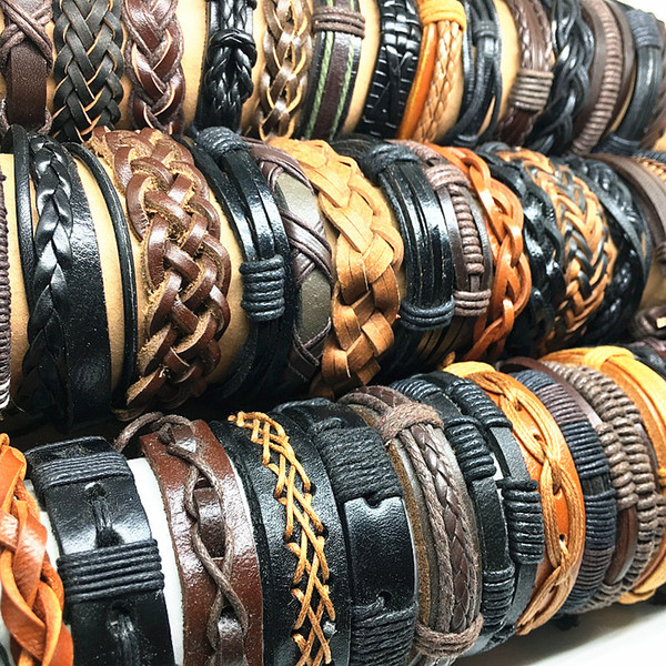 wholesale 50pcs/lot assorted top handmade leather cuff bracelets for men women biker fashion jewelry brand new