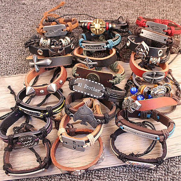 wholesale bulk lots 50pcs mixed Hundreds of Styles men's women's Leather retro fashion cuff Jewelry Bracelets Clear inventory sales