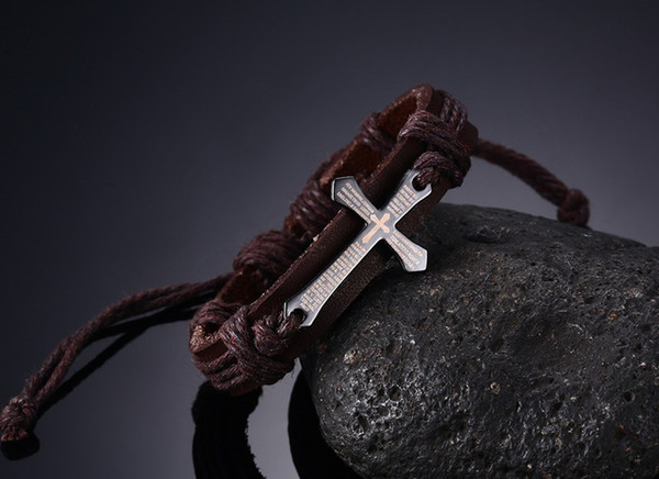 Fashionable Alloy Genuine Leather Cross Shape Men Bracelet Brown Rope Surfer Wrap Adjustable BL-172