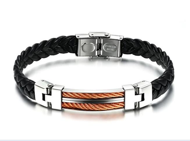 N765 XMAS jewelry Top leather 316 Stainless Steel Men's Bracelet silve rose gold