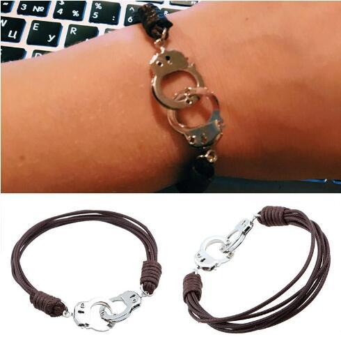 Wholesale- Fashion Punk Trendy Charming Silvery Handcuff Multideck Brown Rope Unisex Bracelets Lovers Jewery free shipping