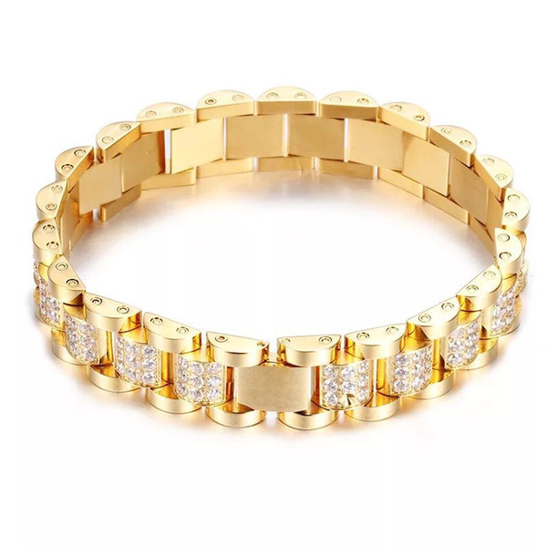 18K GOLD GEMSTONE stainless steel bracelet hip hop jewelry for free shipping