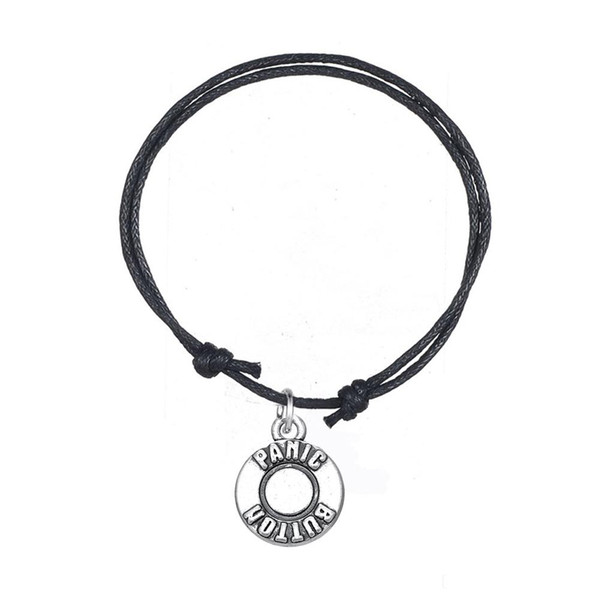 Fashionable Wax Cord Bracelet Joint Antique Silver Plated Round Charm With Message Panic Bution Bracelet Jewelry