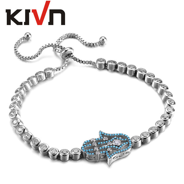 KIVN Fashion Jewelry Adjustable Bolo Hamsa Hand Charm Pave CZ Cubic Zirconia Bridal Wedding Bracelets for Women