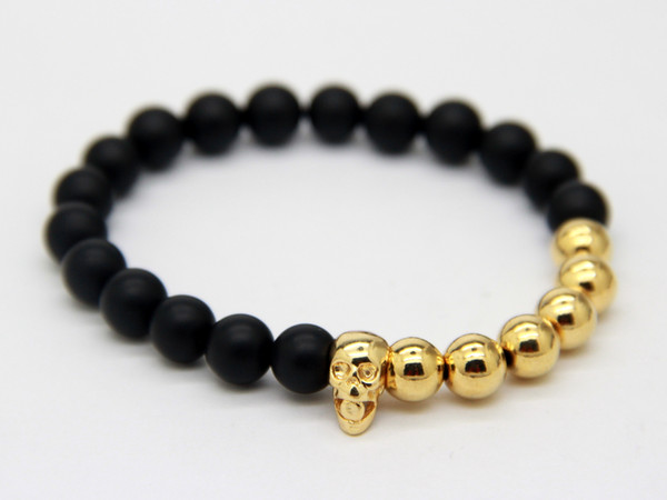 2015 Hot Sale New Design Jewelry Wholesale Top Quality Real Gold-plated Skull Yoga Bracelet with Natural Matte Agate Stone Beads