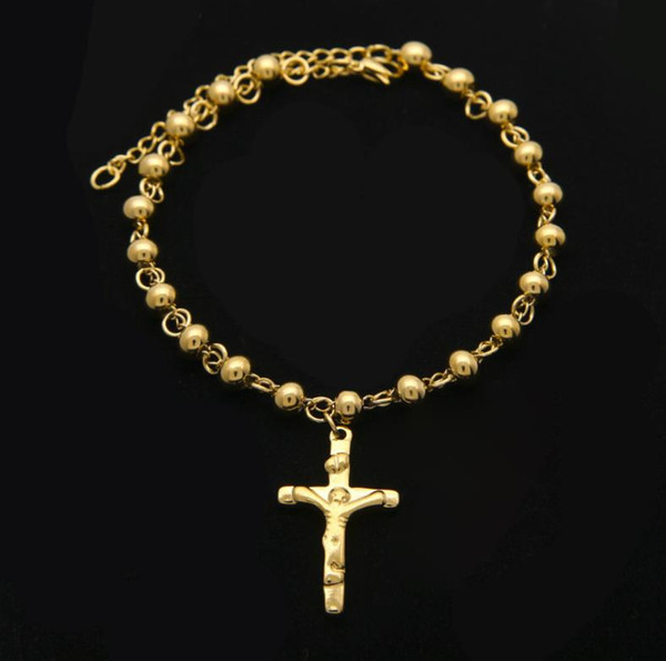 European and American fashion trend Rosary Bracelet Stainless Steel color-preserving cross Jesus Bead Bracelet gold-plated hip-hop Bracelet