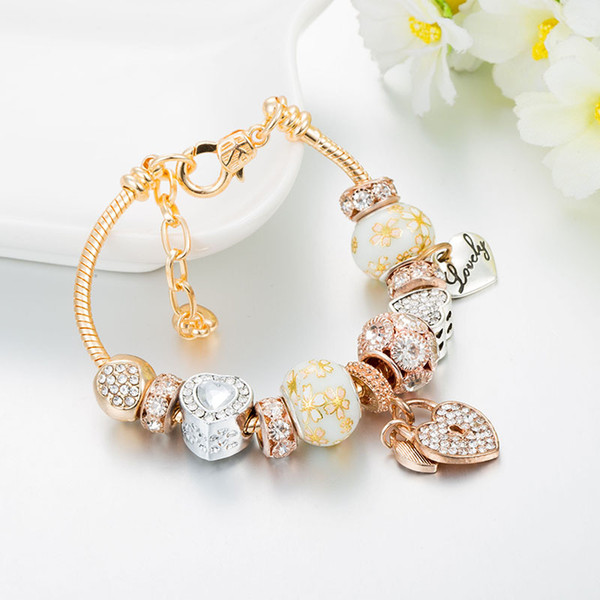 2019 New Heart-Shaped Pendant Gold Diamond-Encased Charm Bracelet DIY Alloy Big Hole Bracelet For Women Hands