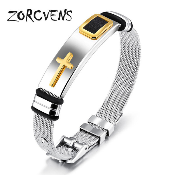 whole saleZORCVENS 2017 New Gold-Color Cross Bracelet For Men Women Stainless Steel Cool Men Jewelry Gifts