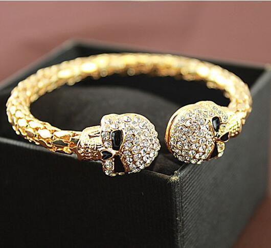 Fashion skull brand design bracelet female rhinestone alloy gold/silver plated charm cuff bracelets for women pulseira feminina