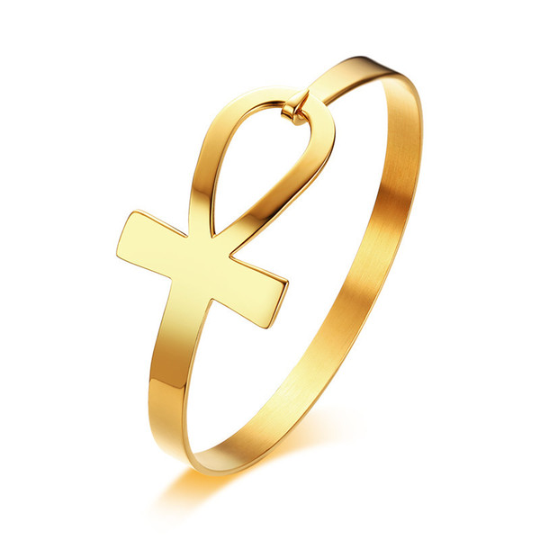 Chic Design Egyptian Ankh Cross Stainless Steel Ladies Bracelet in Gold Tone Cuff Bangle Stylish Brackelts Brazalet Jewelry