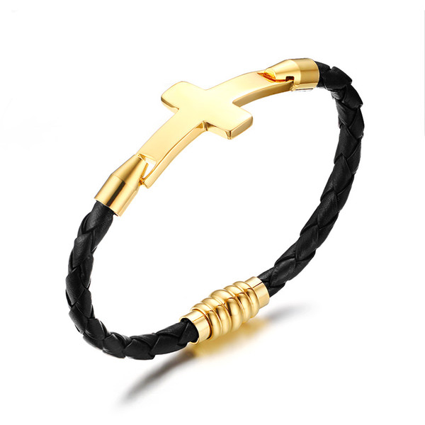 Wholesale- Vintage Mens Womens Braided Leather Bracelets for Men Gold-color Cross Bangle Bracelets Fashion Jewelry Magnetic Clasp pulseira