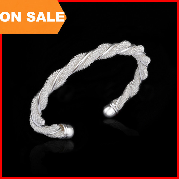 Fashion Woman Twisted wire mesh Jewelry 925 Silver Bangle Charm Bracelets shiny open band cuffs women statement jewelry 160141