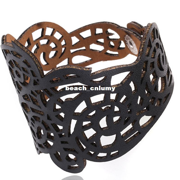 4 colors Wide hollow Bracelets for women Vintage Cuff Adjsutable Faux leather fashion Bracelets & Bangle jewelry lady Valentine's Day Gifts