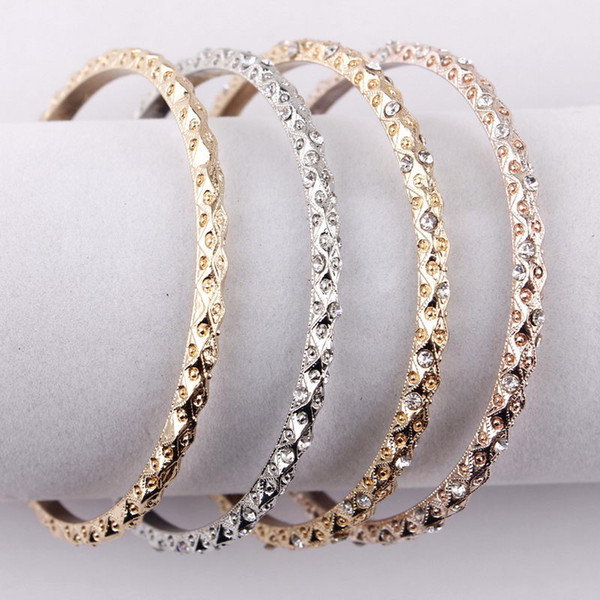 Pave Crystals Vintage Gold Rose Gold Silver Tone Bangle Sets Criticize Flower Women Cuff Bangle Bracelets