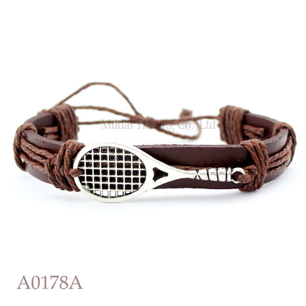 (10PCS/lot) ANTIQUE SILVER Tennis Racket Racquet Adjustable Leather Cuff Bracelet for Men & Women Friendship Casual Jewelry