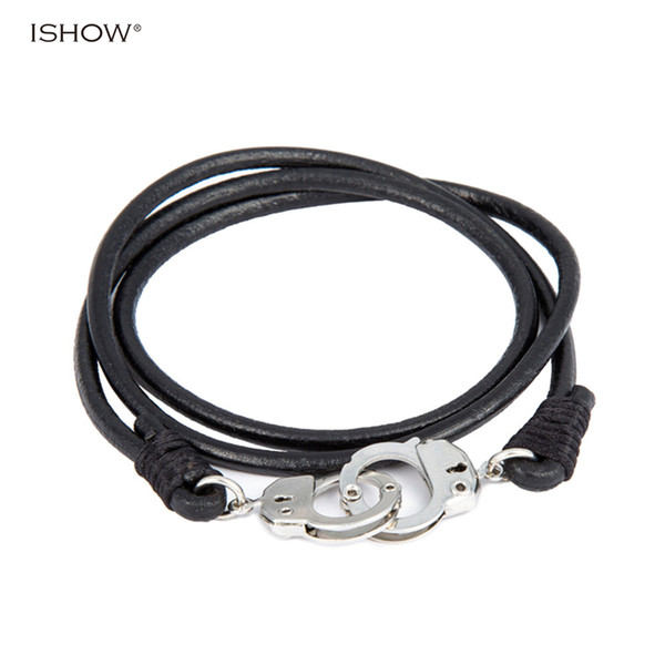 64 CM Black Genuine Leather Men's Handcuff Bracelet Multilayer Pulseira Masculina Leather Bracelet Menottes For Man Jewelry Gift