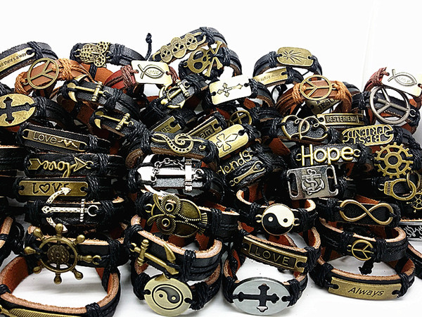 Wholesale 30pcs Mix Different Styles Men's Punk Retro Copper Alloy Leather Ethnic Tribes Cuff Bracelets Brand New