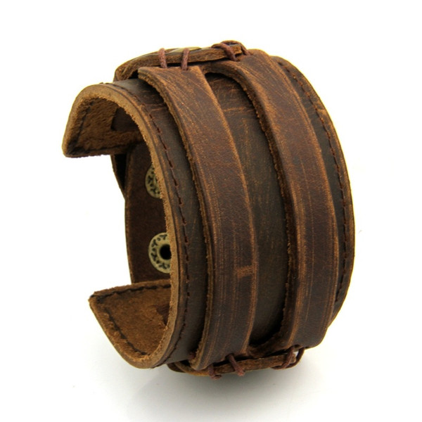 Leather Cuff Double Wide Bracelet and Rope Bangles Brown for Men Fashion Man Bracelet Unisex Jewelry PI0296