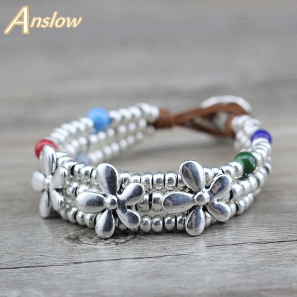 Anslow 2018 New Arrivals Hot Fashion Jewelry Lucky Flowers Handmade DIY Charm Wrap Women Lady Leather Bracelet Gift FLOW0702LB