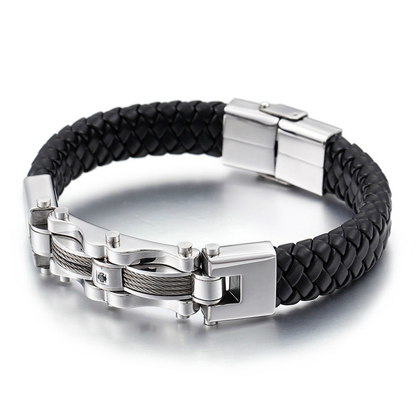 Men's 13mm Wide Punk Vintage Polish Stainless Steel Leather Bracelets & Bangles Male Jewelry Braid Rope Chain Bracelet