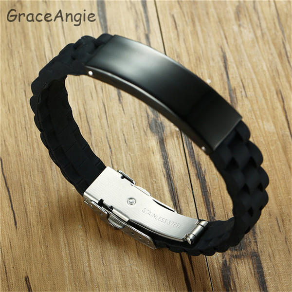 Punk Men Jewelry Black Silicone Bracelet Stainless Steel Fashion Bangles Engravable Men Bracelet ID Bangle Jewelry Fashion Man