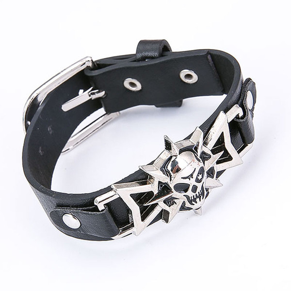 2018 Top Selling Vintage Skull Bracelet Black Leather Mens Bracelet Wholesale Jewelry