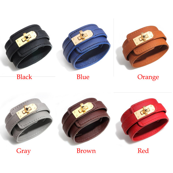 Wide Leather Womens Bracelets Cuff - Alloy Lock Fashion Simple Bangle Wrap Charm Bracelet Designer Female Jewelry 6 Colors