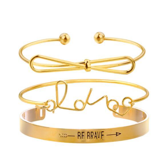 New arrival gold/silver bracelet suit Be Brave Love Bowknot bracelet 3pcs/set opened Arrow bracelet