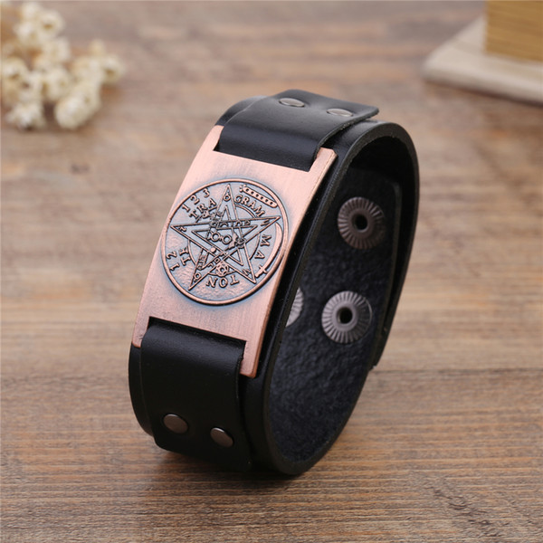 Wicca Sigil Studded Cuff Wristband Punk Pentagram Charm Fashion Jewelry Making Adjustable Leather Bracelets