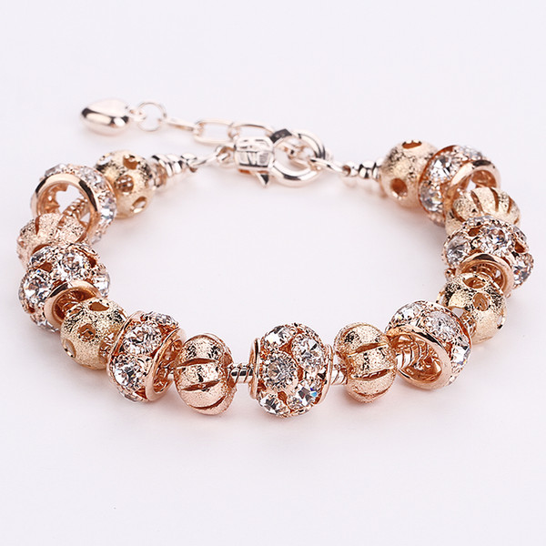 AA35 Romantic Rose Gold Color Crystal European 925 Silver Charm Beads DIY Snake Chain Bracelets Adjustable