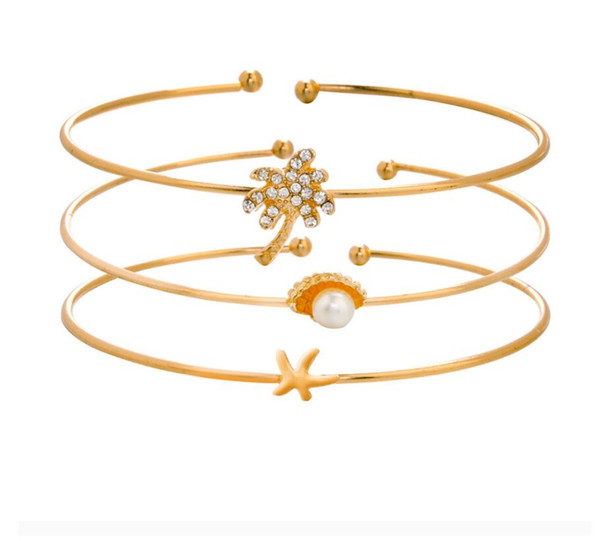 3PCS/SET Vintage Cuff Bracelet Bangles for Women Brief Gold Color Open Coconut tree starfish Knotted Charms Bracelets Jewelry