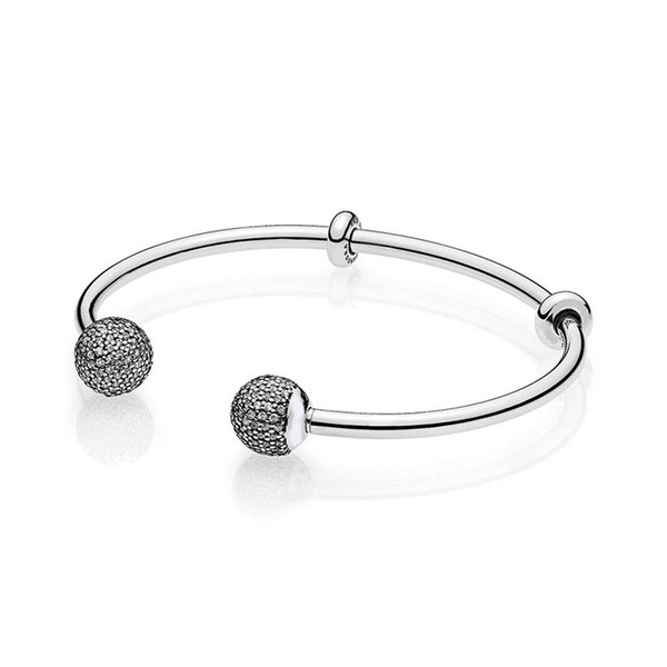 S925 Silver Open Mosaic Diamond Fixed Bead Bracelet Bangle Bright and Unique Pure Silver Hand Ring fit pandora Charms Beads with logo bag