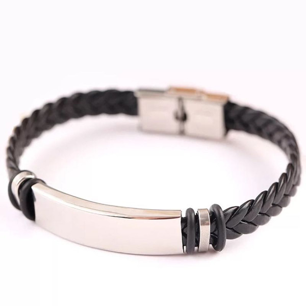 Export PU Leather Knitting Rope Bracelets Titanium Steel Bangle Stainless Steel Men Black Punk Bracelet Hand Ornament Hot Sale