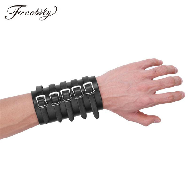 Fashion 5 Buckles Metal Leather Bracer Punk Style Wrist Party Wide Mens Bracelet Bracers Protective Arm Armor Cuff