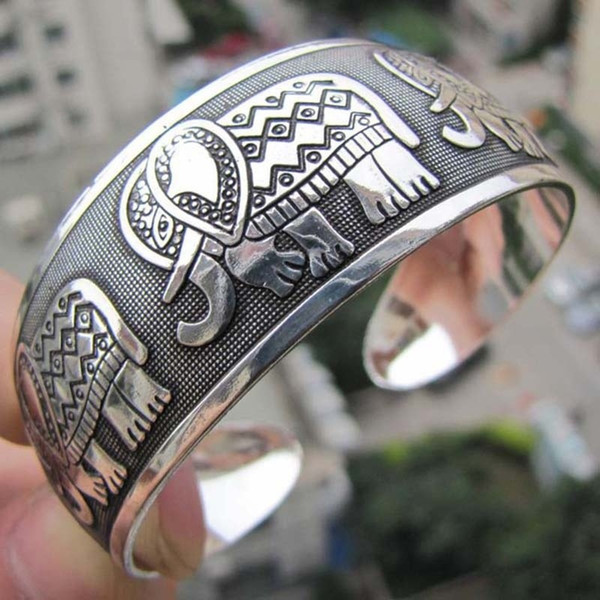 China Best Price Elephant Flower Tibetan Tibet Silver Totem Bangle Animal Cuff Bracelet Gift (Color: Silver)