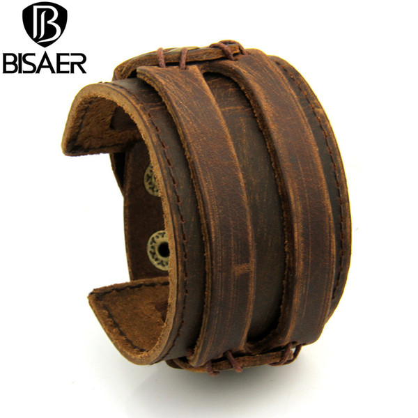 Wholesale- BISAER Leather Cuff Double Wide Bracelet and Rope Bangles Brown for Men Fashion Man Bracelet Unisex Jewelry I0296