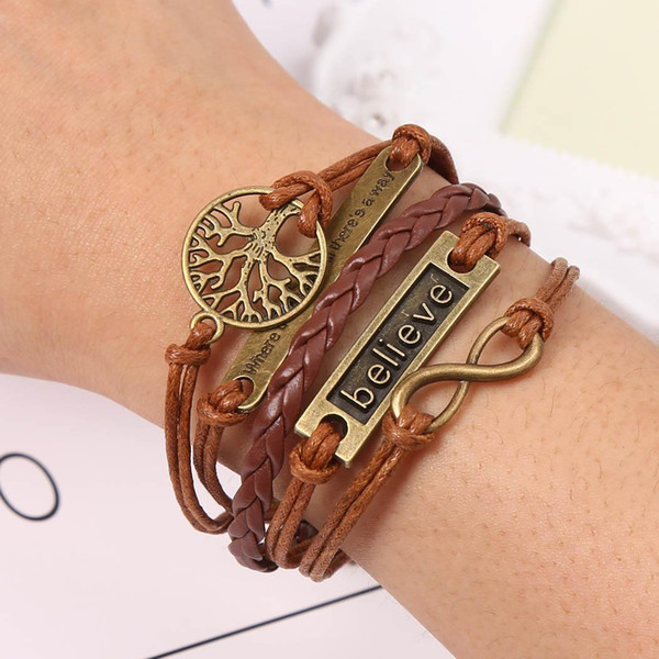 Life Women Vintage Tree Synthetic Banquet Party Bracelet Gift Infinity Style Multilayer Braided Believe Leather Birthday Casual