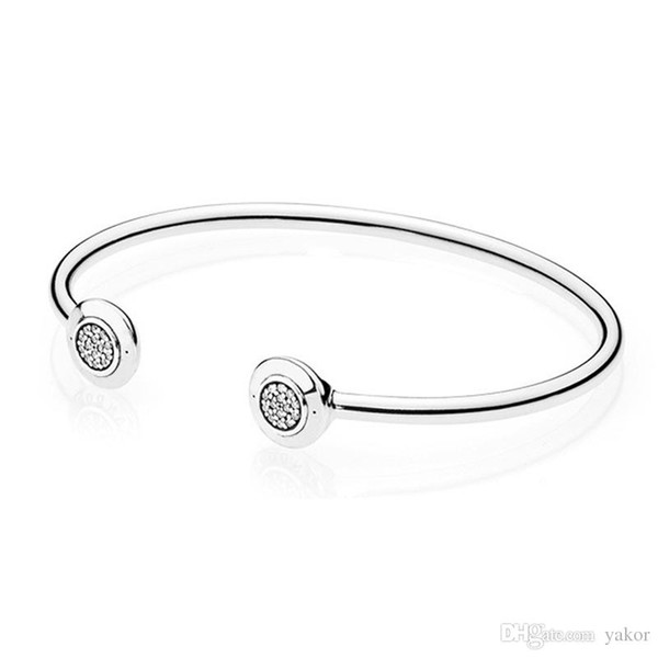 NEW Fashion CZ Diamond Disc Open Bangle Bracelet Set Original Box set For Pandora 925 Sterling Silver Cuff Bracelets for Women