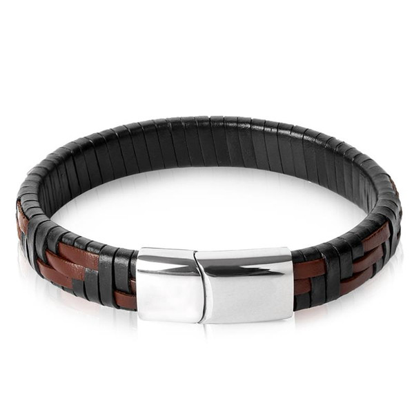 Jiayiqi Men Leather Bracelet Stainless Steel Magnetic Buckle Braid Bangle Jewelry