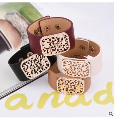 Europe and the United States hot trend Ruili PU leather bracelet bracelet ladies fashion accessories hollow alloy