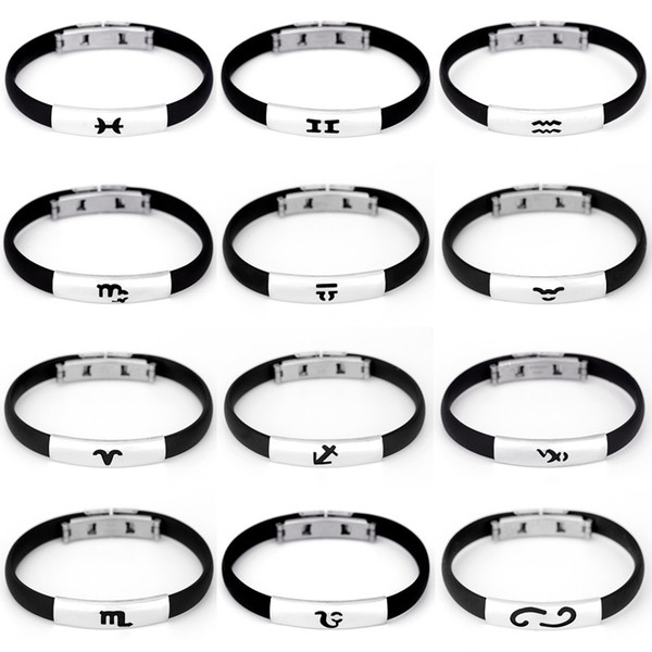 Wholesale high quality 12 constellation titanium stainless steel black silicone bracelets for men and women jewelry accessories