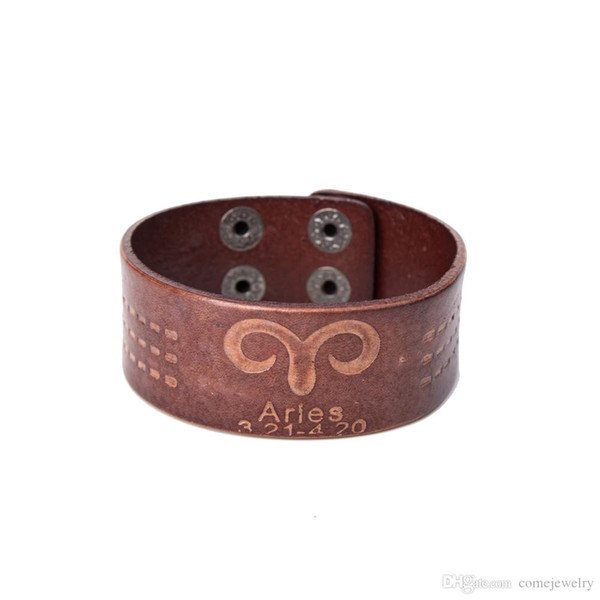 Aries 12 Zodiac Signs Punk Wrap Constellations Adjustable fashion Sign Vintage Leather Bracelet Best festival and birthday gifts